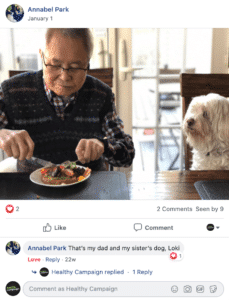 facebook post featuring dog admiring dad's meal